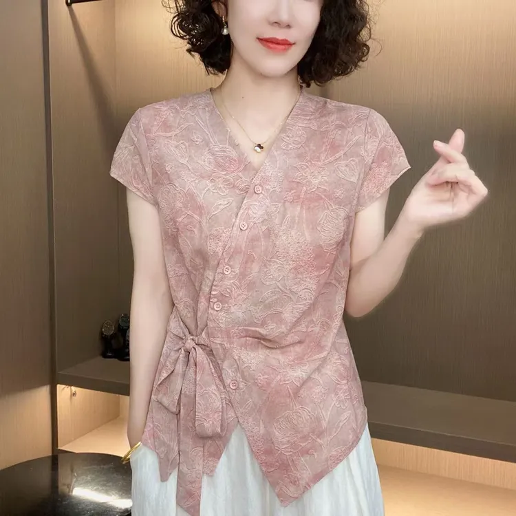 2025夏季新款印花系带时尚短袖纽扣修身显瘦气质V领国风T恤上衣