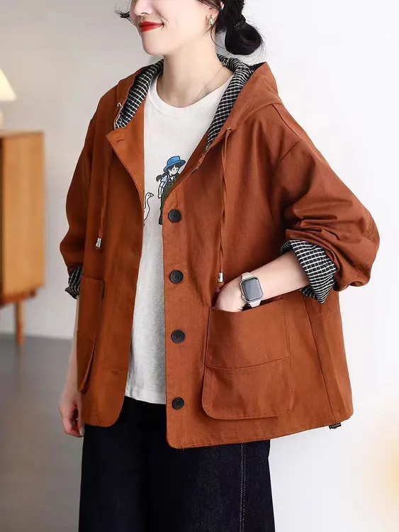 2025年秋季新款纯棉外套女格纹拼接连帽休闲百搭宽松韩版长袖风衣