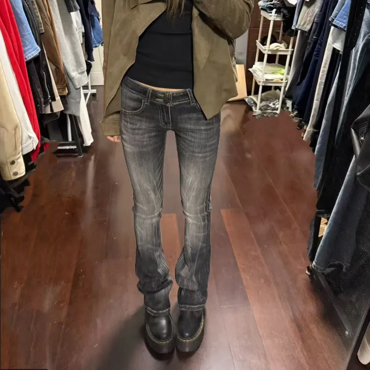 秋款黑灰色洗水纹理低腰紧身牛仔裤女款拖地裤