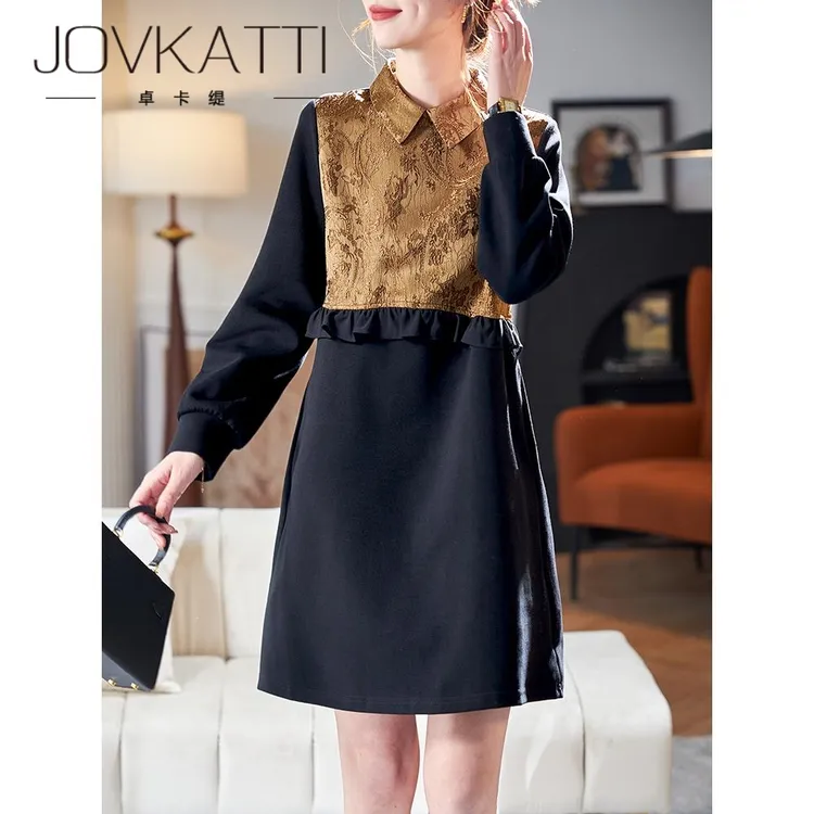 Jovkatti翻领提花拼接连衣裙女2025秋季新款气质设计感直筒中长裙