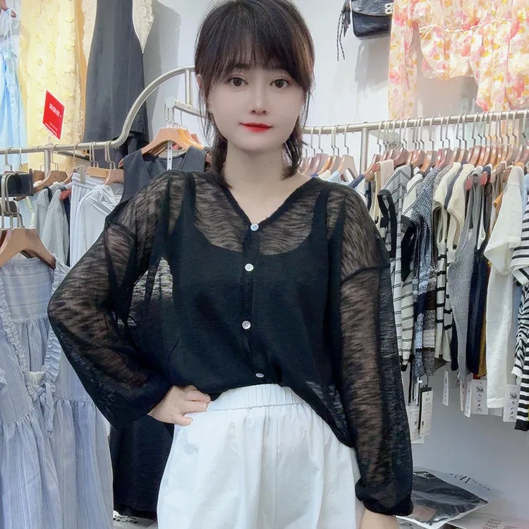 夏季新款净版韩范宽松纯色百搭时尚长袖防晒衫女精致大气针织衫潮