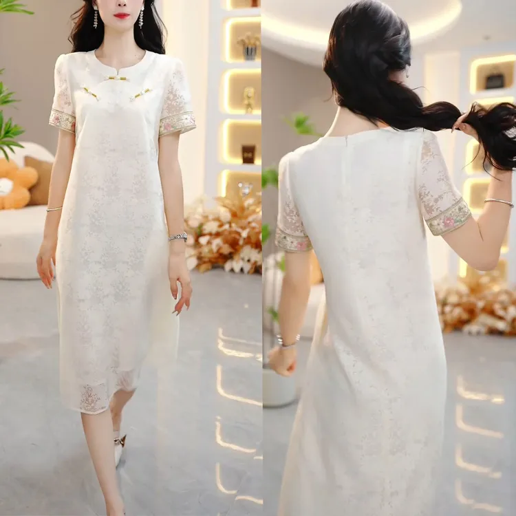 2025夏季新款设计感拼接圆领裙子女款新中式改良旗袍中长款连衣裙