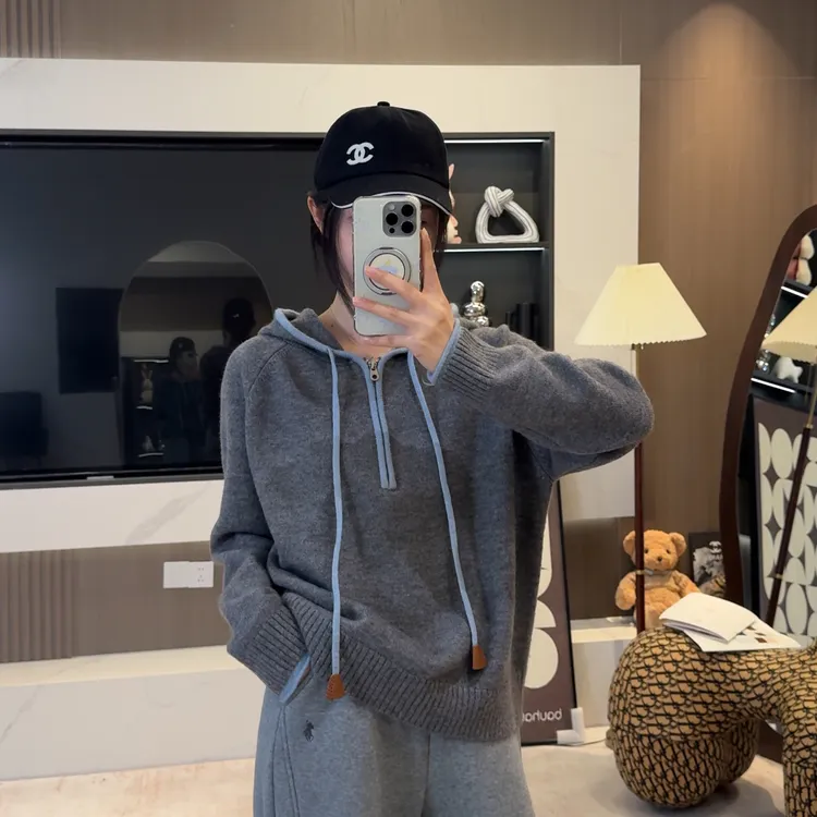 宿慕SUMU 韩版时尚连帽半拉链针织毛衣11-2百搭宽松撞色毛衣28390