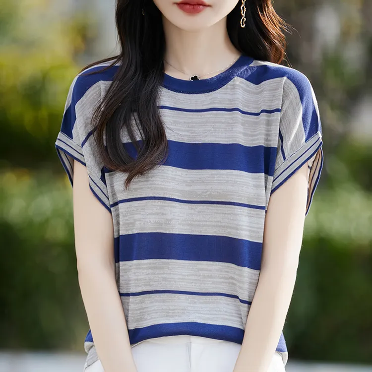 哥弟阿玛施正品新款韩版时尚设计感宽松条纹针织短袖薄款百搭上衣