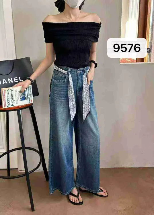 配丝巾腰带高腰cs阔腿牛仔裤夏季阔腿裤女宽松显瘦百搭拖地直筒裤