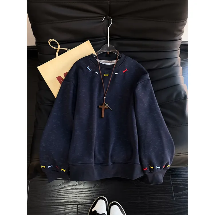 重工刺绣圆领卫衣男秋冬高克重磅休闲外套美式复古情侣内搭打底衫