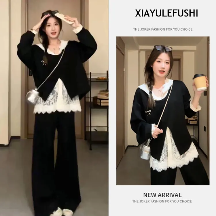 早春时尚一整套女装2025新款套头上衣蕾丝拼接背心阔腿裤三件套装