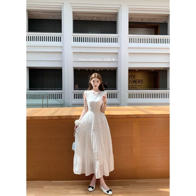 【杜松晨露】法式夏季新款气质时尚镂空多种蕾丝重工拼接长裙女