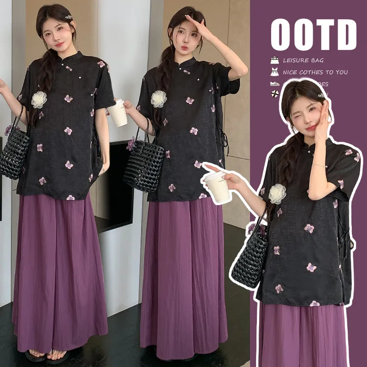 时尚大码孕妇装韩系2025新款复古刺绣国风上衣阔腿裤韵味套装夏装