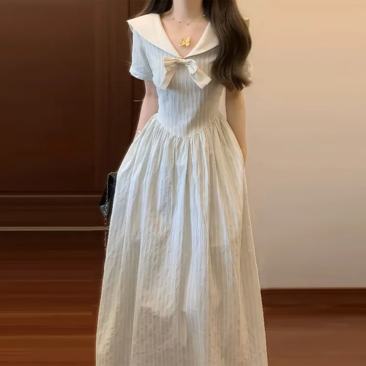 【现货+运补】海军领白色蝴蝶结法式气质高级感收腰长裙5838