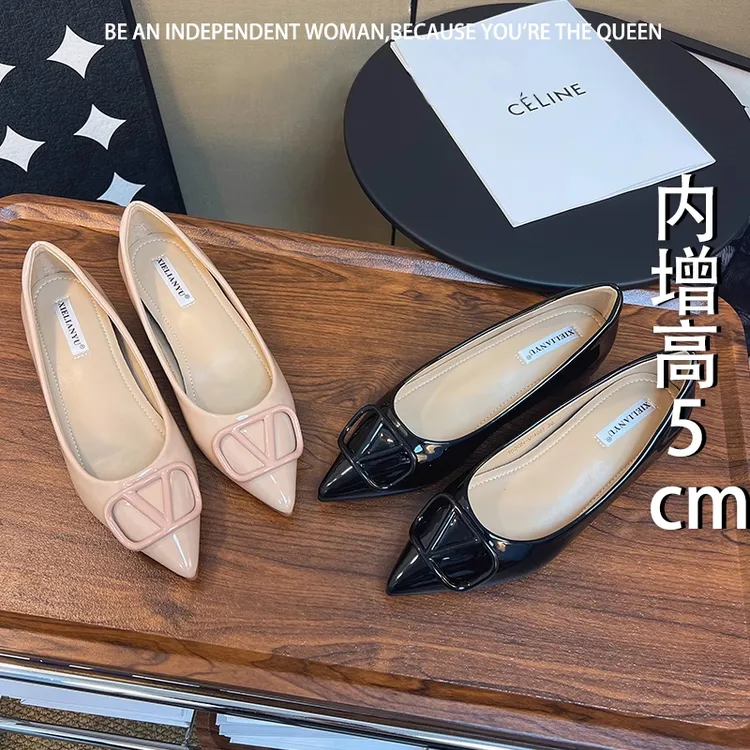 裸色V扣尖头软底单鞋女法式通勤名媛气质内增高平底浅口大码女鞋