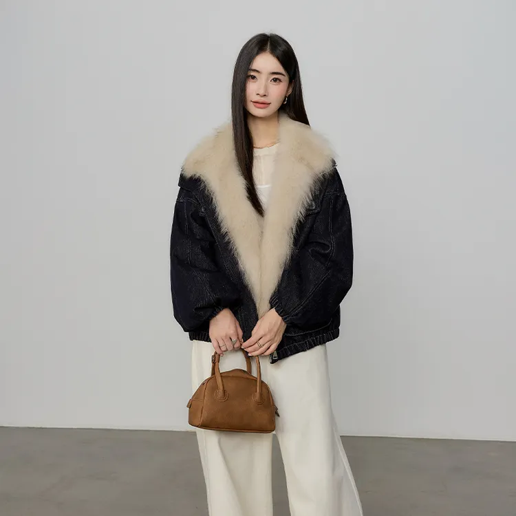 北境之歌 进口狐狸皮草外套女中长款90白鹅绒羽绒牛仔派克服25233