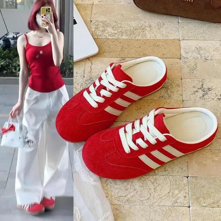 三福包头半拖鞋女夏外穿2025新款超火无后跟红色德训鞋懒人一脚蹬