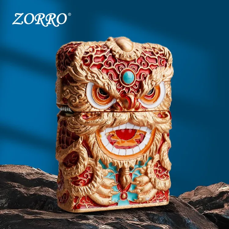 新款ZORRO佐罗鸿运当头国潮醒狮煤油打火机防风夜光珐琅彩礼物男