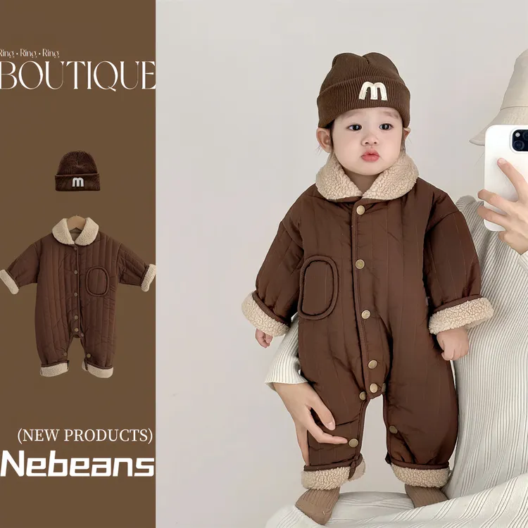（送帽子）秋冬加绒男女宝潮款哈衣爬服婴儿小棉袄连身衣咖色外出