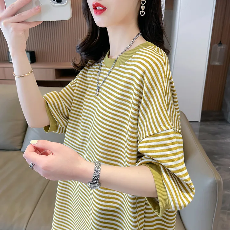 条纹短袖t恤女2025新款夏季韩版宽松大码女装中长款休闲百搭上衣
