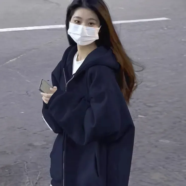 秋冬季大码卫衣女复古hiphop高街连帽加绒拉链外套情侣装宽松上衣