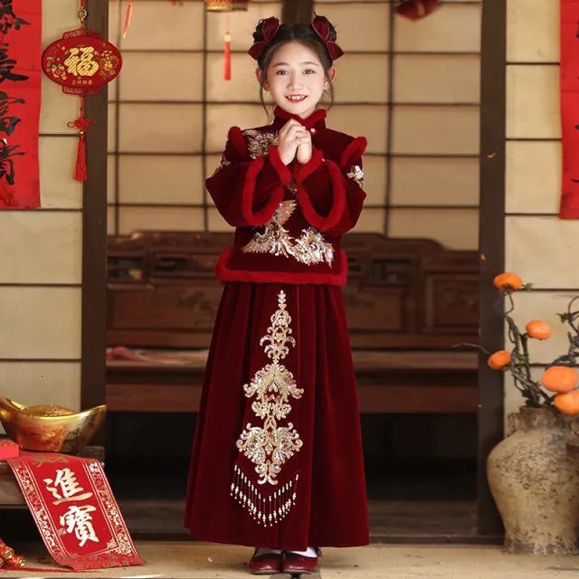女童拜年服冬装2024龙年新年汉服秋冬季加厚儿童过年喜庆衣服国风
