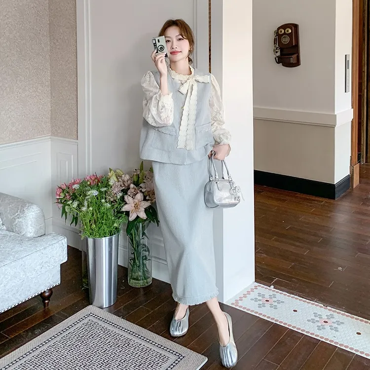 温柔风气质马甲套装裙女2025秋季新款高级感蕾丝内搭半身裙三件套