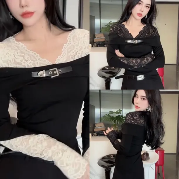 洋气蕾丝拼接长袖网红性感黑色修身显瘦打底衫