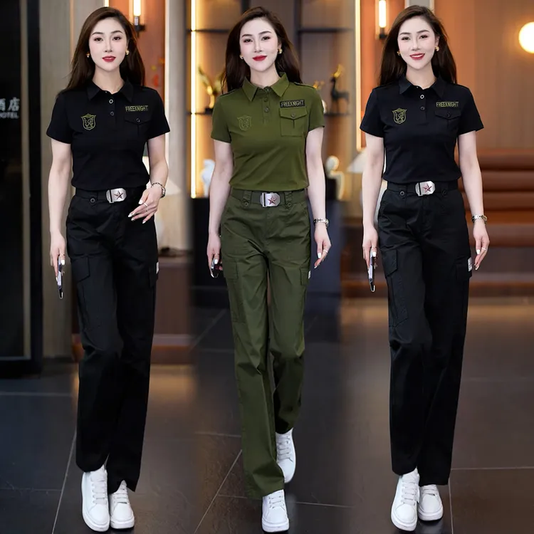 户外大码修身军绿工装时尚套装休闲迷彩风高腰运动女装夏季短袖潮