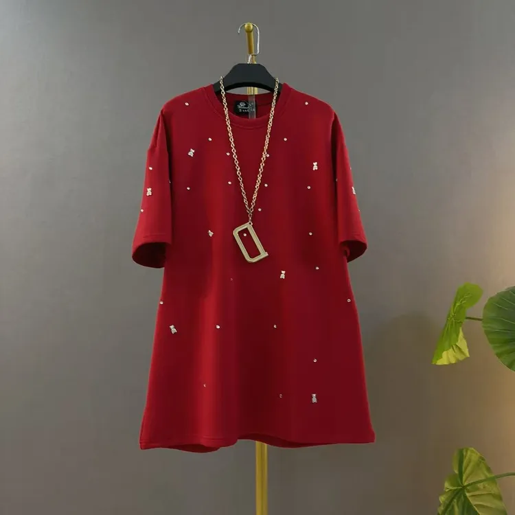 韩版时尚圆领重工镶钻中长款短袖宽松遮肉时尚大码上衣