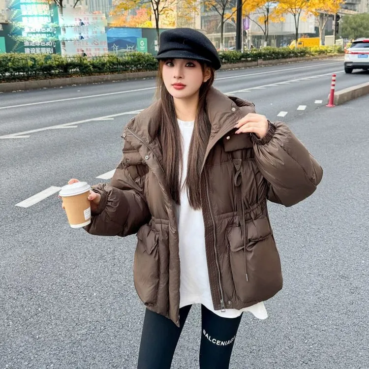 高档羽绒服女2025冬季新款韩版宽松连帽收腰保暖加厚白鸭绒面包服