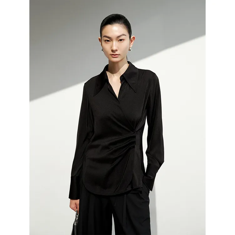 【上衣】【商场同款新品】艾诺丝雅诗 斜门襟抽褶尖领衬衫  AR503013