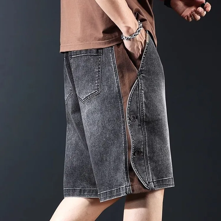 美式潮牌牛仔复古短裤夏季宽松新款五分裤重磅中裤洗水休闲拼接潮