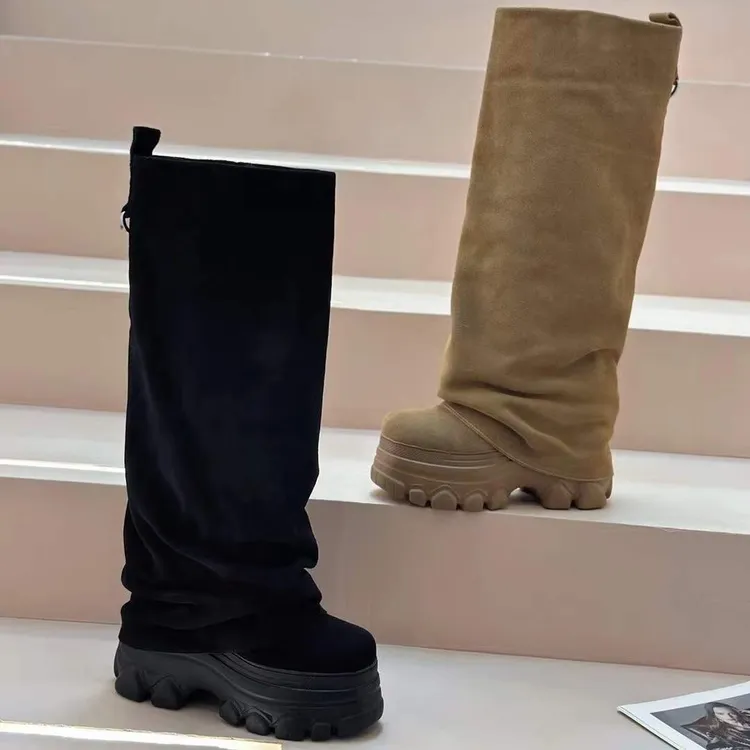 秋冬新款厚底内增高磨砂皮长筒女靴显瘦百搭美拉德风小个子裤管靴