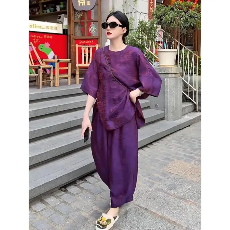新中式国风衬衫套装女夏2025新款紫色不规则中袖上衣阔腿裤两件套