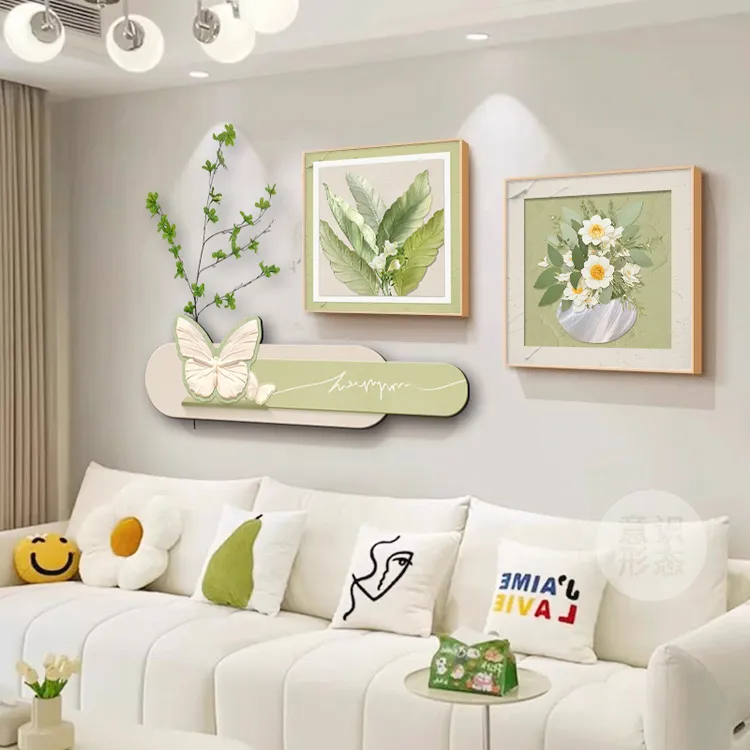 家叶兴旺客厅装饰画奶油风沙发背景墙挂画小清新绿植精雕组合壁画