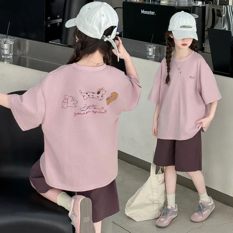 女童短袖T恤夏季纯棉2025新款洋气儿童女孩大童上衣半袖薄款套装
