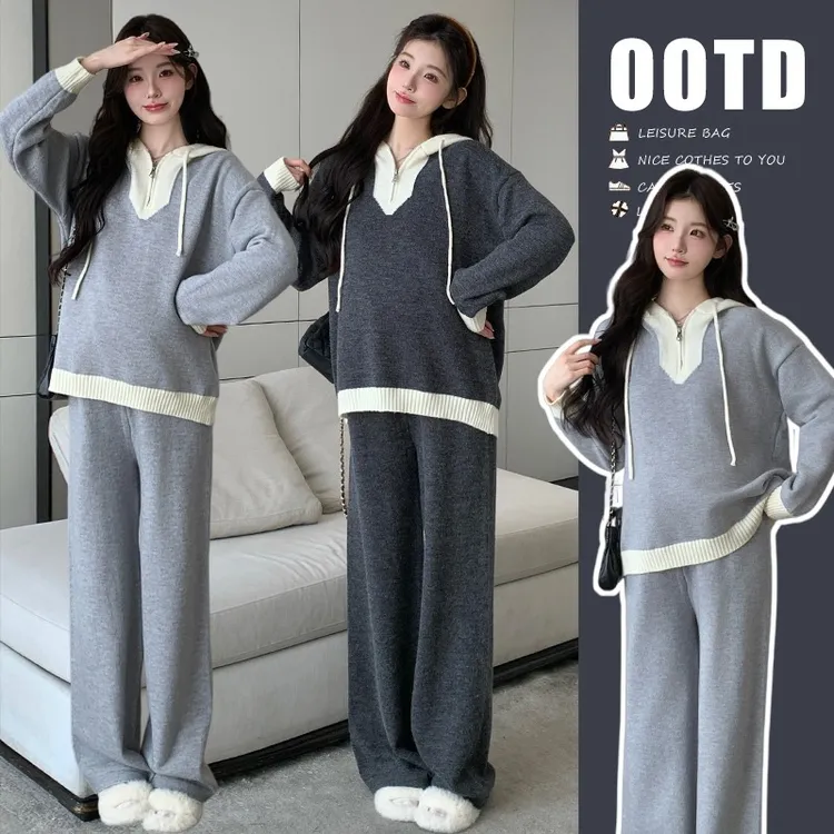 时髦孕妇装冬季慵懒风针织毛边撞色连帽V领洋气阔腿裤百搭两件套