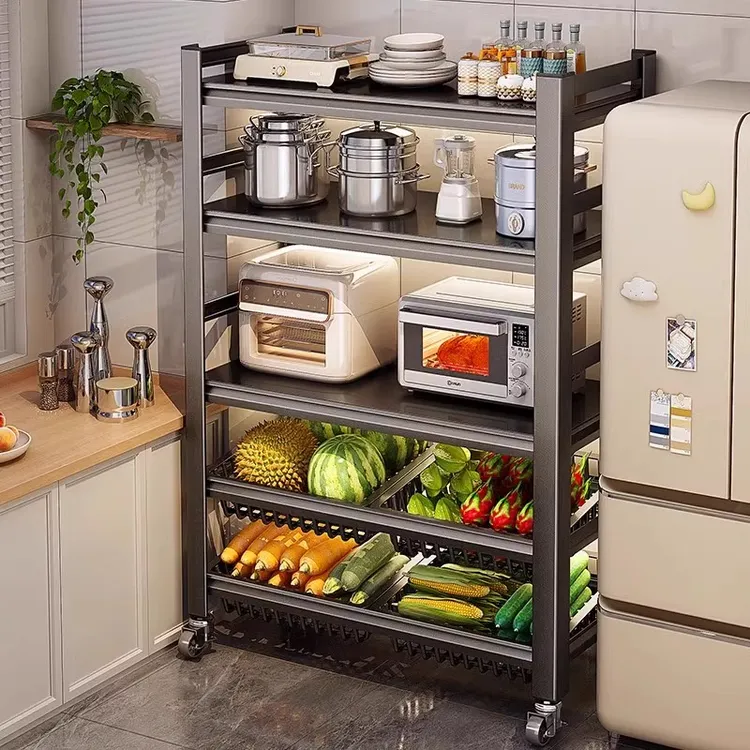 厨房菜篮子置物架落地多层家用微波炉蔬菜收纳架多功能锅具储物架