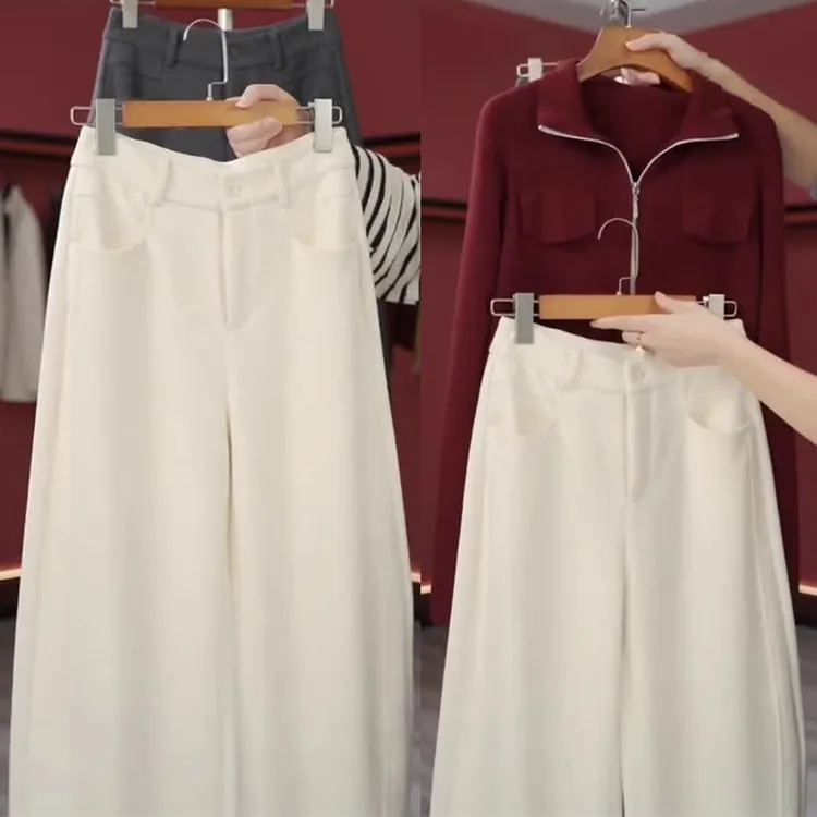 羊毛呢香蕉阔腿裤女2025秋冬季新款高腰加绒加厚直筒休闲弯刀裤子