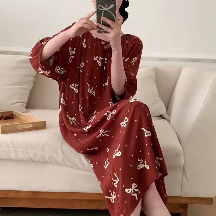 法式复古蝴蝶结印花中袖睡裙女春秋款2025新款大码宽松家居服裙子