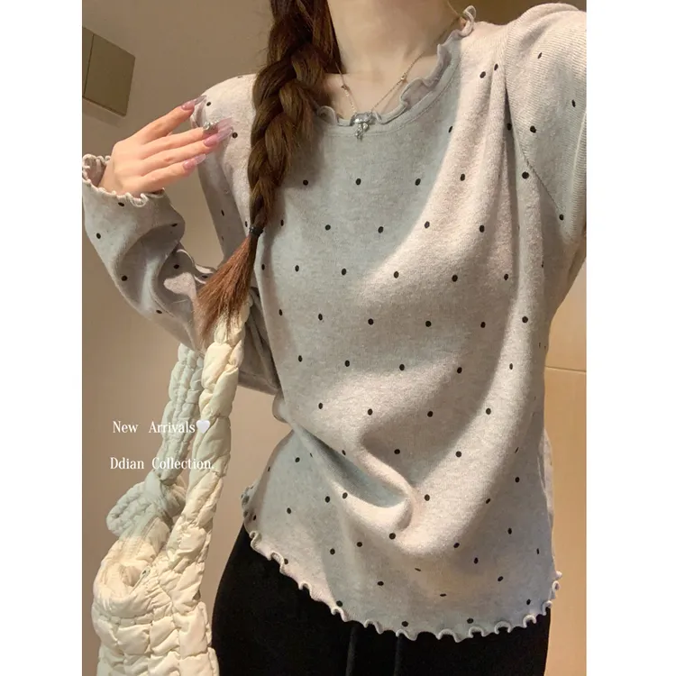大码木耳边波点内搭打底衫女装秋冬新款胖MM显瘦针织T恤上衣71949