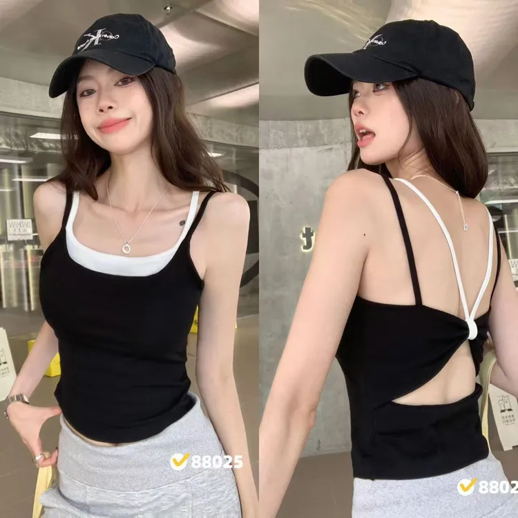 夏季假二件一体胸垫纯欲辣撞色吊带背心显瘦撞色假两件吊带背心女