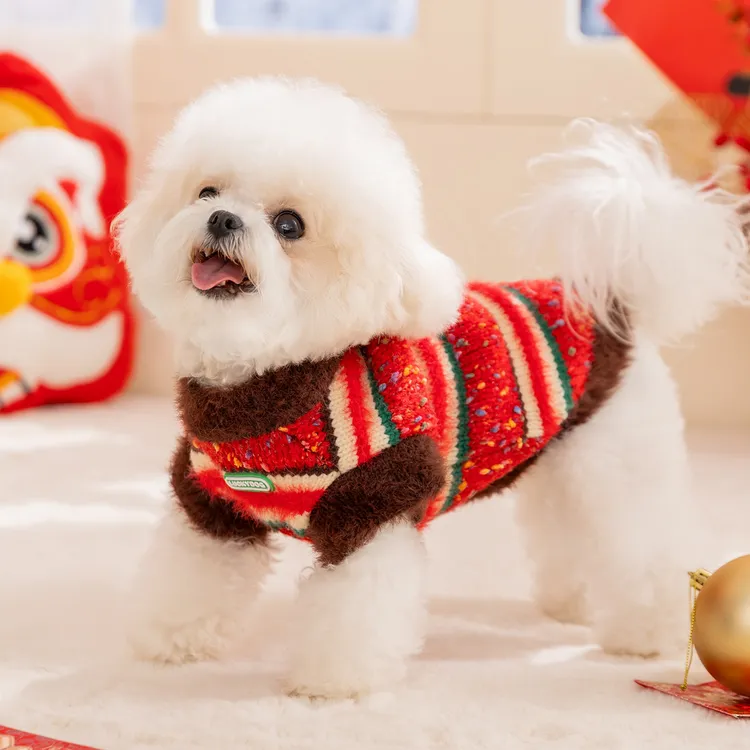 狗狗猫咪秋冬保暖针织毛衣彩色条纹新年喜庆装小型犬泰迪比熊马甲