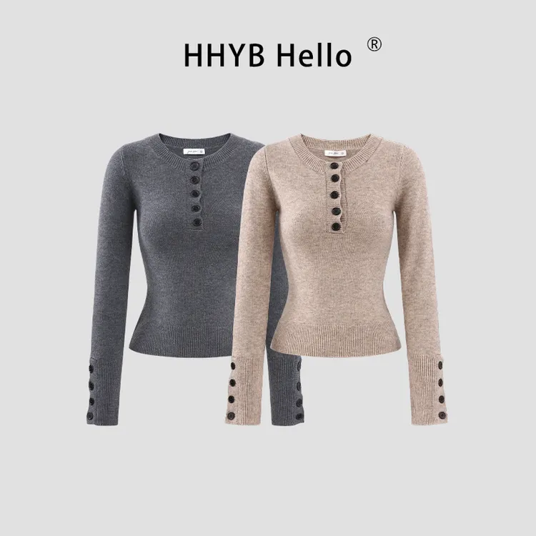 HHYB Hello圆领半排扣套头长袖修身针织衫新款软糯上衣女M1610