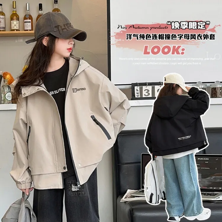 童装新款2025假两件女童外套儿童洋气春秋装女大童秋季连帽风衣潮