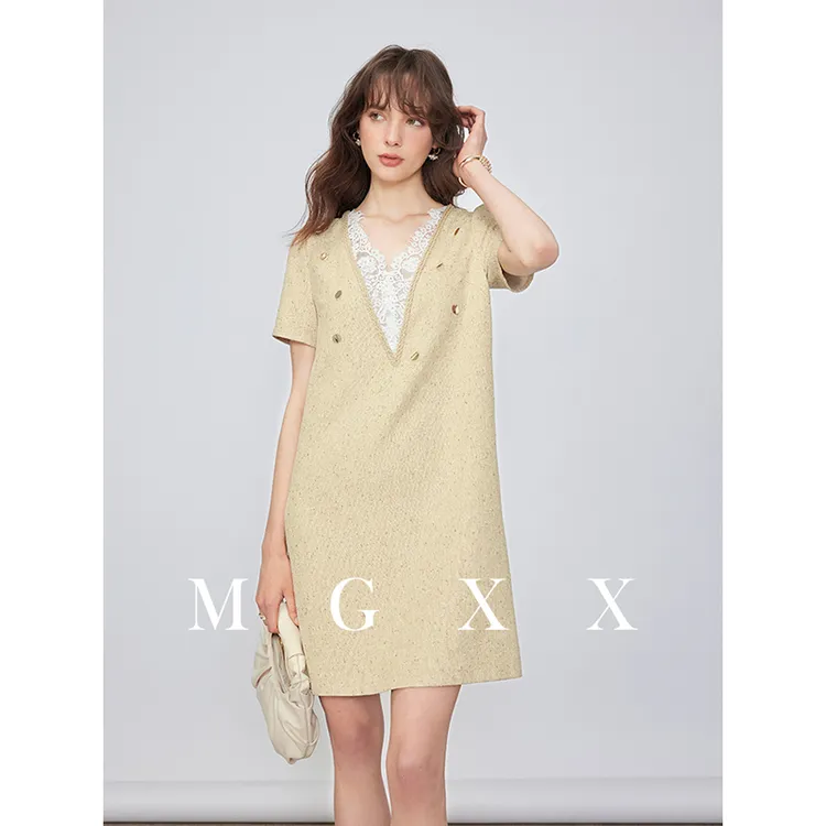 MG小象2025年夏季新品小香风蕾丝拼接隐拉假两件连衣裙M825Q05517
