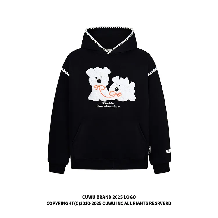 cuwu美式小狗植绒刺绣连帽卫衣女男秋季宽松慵懒风情侣黑色帽衫潮