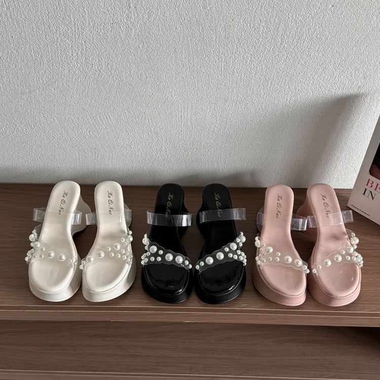 网红珍珠高跟拖鞋女仙女风2025新款夏季外穿时尚一字拖厚底凉拖鞋