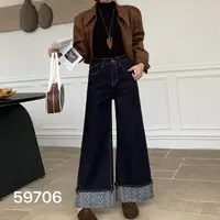 薇莎59706【现货】印花卷边裤脚弹力阔腿牛仔裤