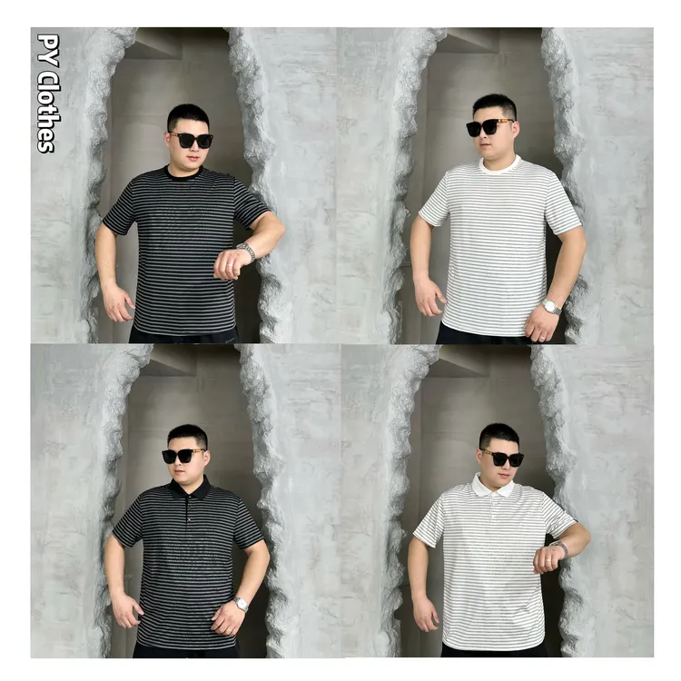 【POLO-圆领可选】胖语大码男装夏季高弹锦氨条纹短袖 POLO 78998#S