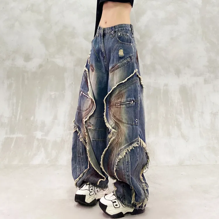 帅气拼接刷漆工艺牛仔弯刀裤女秋新款高腰宽松显瘦百搭直筒香蕉裤