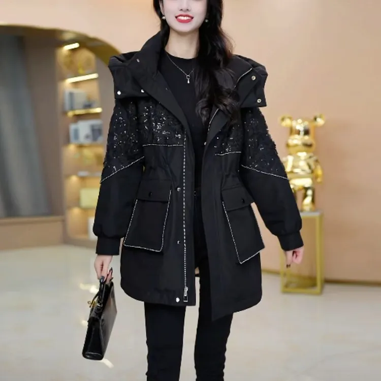 冬季时尚中长款派克服女款爆款2025新款正品收腰显瘦加绒加厚外套