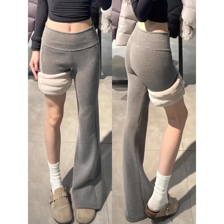 灰色微喇卫裤女秋冬季2025新款lulu瑜伽裤高腰显瘦垂感加绒喇叭裤